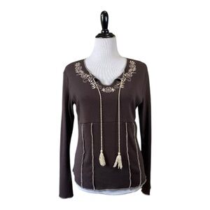 Y2K FASHION BUG LONG SLEEVE BROWN TAN EMBROIDERED TASSEL TOP SZ L